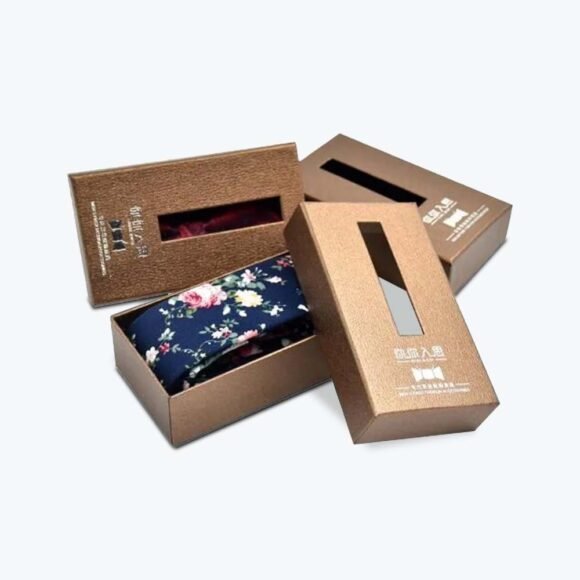 Custom tie boxes with elegant brown packaging and window design, showcasing premium tie presentation and branding for a stylish look.