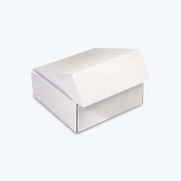 Compact white apparel box with a folding lid for secure packaging.