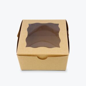 Custom bakery packaging box with a clear window and kraft material.