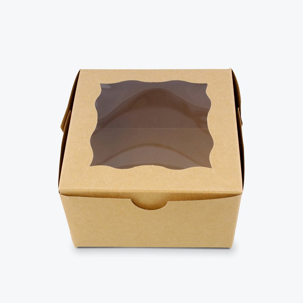 Custom bakery packaging box with a clear window and kraft material.