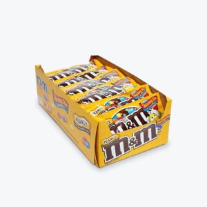 A bright yellow candy display box holding multiple candy packs
