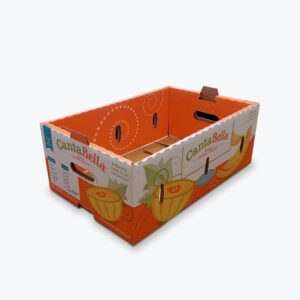 corrugated tray for fresh produce with Canta Bella branding and ventilation slots for airflow.