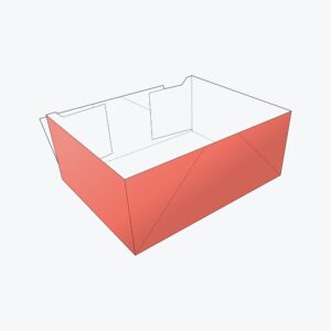 Open four corner tray box with pre-glued design and foldable structure.