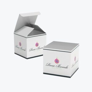 Custom bath bomb boxes with a sleek white design featuring "Rose Bomb" branding.