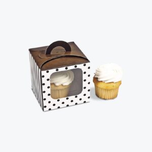 Custom cupcake box with a polka dot design and window display featuring a single cupcake.