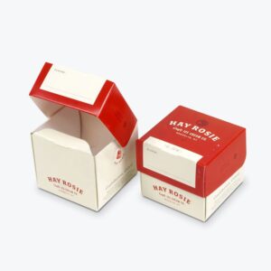 Custom ice cream packaging boxes with vibrant red and white design showcasing brand logo and flavor details.