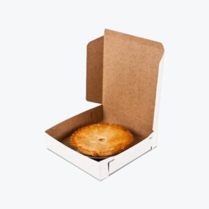 Custom printed pie box with festive design and window displaying cupcakes
