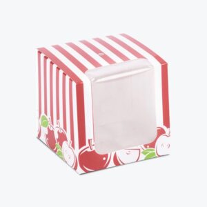 Custom red and white candy apple box with a clear window for product display.