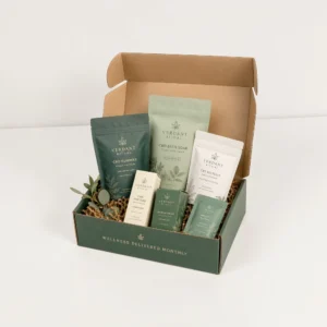 Custom CBD Subscription Boxes with green wellness bundle packaging and branded products