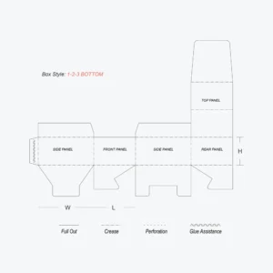 Custom bottom boxes 1-2-3 bottom dieline template with panel layout and dimensions