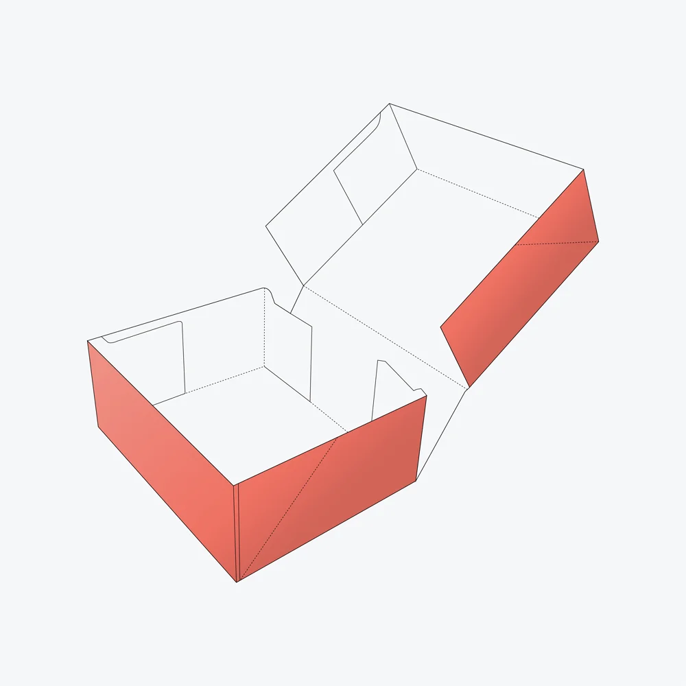 Four corner cake boxes box style 3D mockup showing assembled bakery packaging
