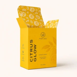 Custom printed candle boxes with open cardboard candle packaging and colorful printed design