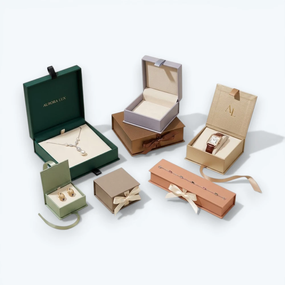 Custom jewelry boxes with luxury branded packaging for necklaces, earrings, and watches