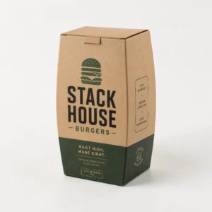 Gourmet burger boxes in tall kraft packaging for stacked burgers