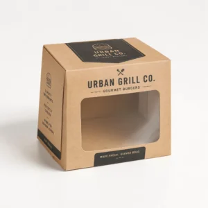 Gourmet burger boxes with die-cut window for premium packaging
