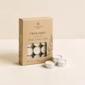 Tealight candle boxes in kraft cardboard with window cutout, custom printing, and candle display