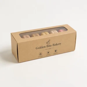 Custom macaron boxes in kraft style with window and eco-friendly bakery packaging design