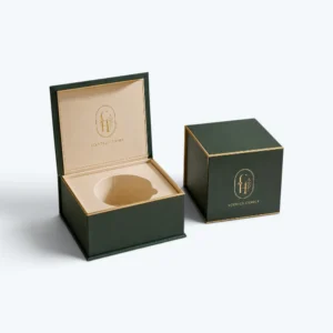Luxury candle boxes wholesale with rigid cardboard structure, gold logo printing, and custom insert packaging