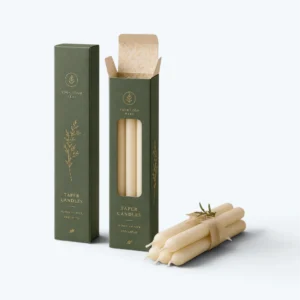 Taper candle boxes with custom cardboard packaging, logo printing, window cutout, and premium green box design