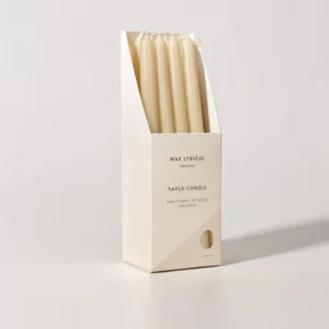 Taper candle boxes in display style cardboard packaging with printed branding and open candle presentation