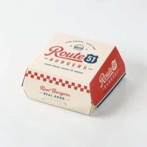 Custom burger boxes with red and white printed logo design