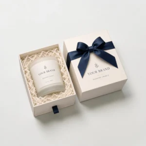 Custom candle gift boxes with navy ribbon for branded candle gift box packaging