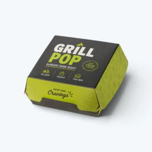 Custom burger boxes with black and green printed packaging design