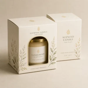 Custom candle boxes wholesale with window cutout, printed branding, and cardboard retail packaging