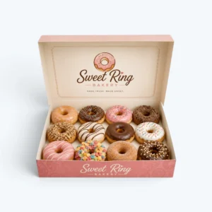 custom donut boxes with printed bakery branding and assorted donuts