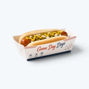 Custom hot dog trays with branded game day food packaging