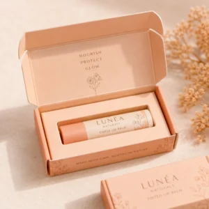 Custom lip balm boxes with open packaging and product insert