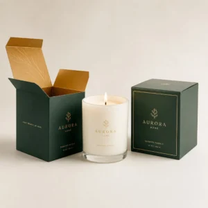 Custom candle boxes wholesale with green cardboard packaging, gold logo printing, and open candle box design