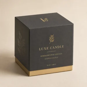 Custom candle boxes wholesale in black cardboard with gold printing and luxury candle packaging style