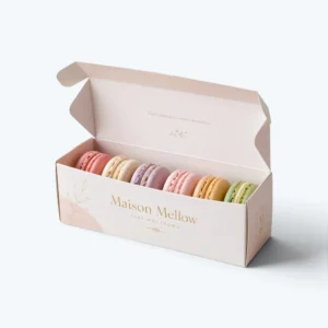 Custom macaron boxes with premium printed design and colorful macarons inside