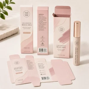 Custom mascara boxes with printed dieline, ingredients panel, barcode, and product packaging
