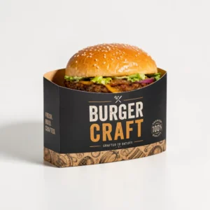 Burger sleeves holding a fresh burger in printed packaging