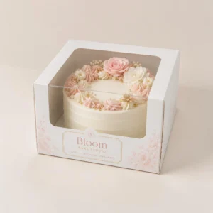 custom cake boxes with printed branding and clear window display