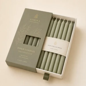 Taper candle storage box with custom inserts, window lid, and printed cardboard packaging for candle sets
