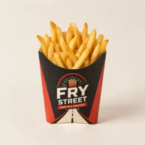 Custom French fry boxes with black and red printed branding