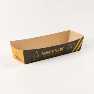 Custom hot dog trays with printed black and yellow design