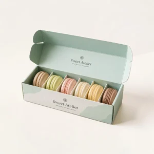 Custom macaron boxes with printed branding, inserts, and colorful macarons arranged inside