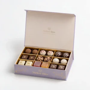 Custom sweet boxes with printed branding, inserts, and assorted chocolates inside