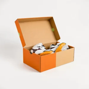 Custom shoes boxes with open cardboard design and shoes inside for retail packaging