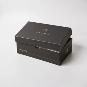Custom shoes boxes in black cardboard with logo printing for premium footwear packaging