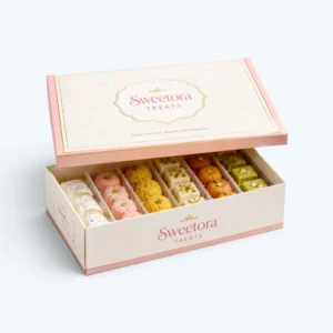 Custom sweet boxes with premium printed design and assorted colorful sweets inside