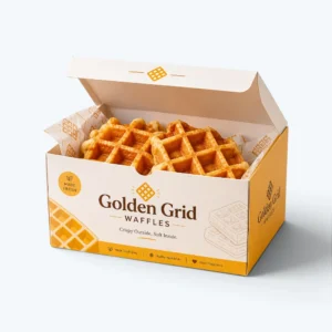 Custom waffle boxes with printed branding and fresh golden waffles inside