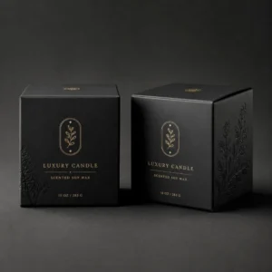 Black luxury candle boxes with custom printed gold logo and premium cardboard packaging design