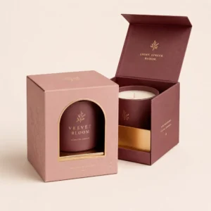 Luxury candle packaging boxes with custom window cutout, printed branding, and premium cardboard finish
