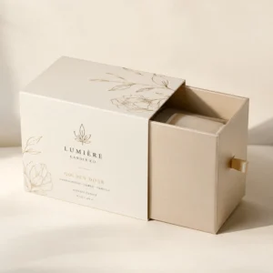 Custom luxury candle boxes in drawer style cardboard packaging with printed artwork and ribbon pull detail