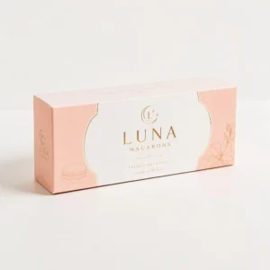 Custom macaron boxes with logo printing and luxury pink bakery packaging design